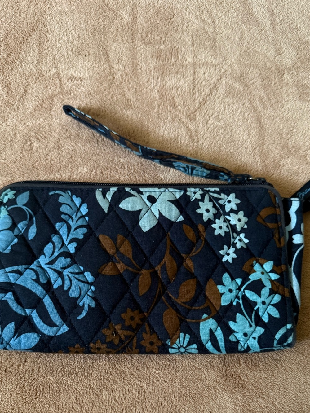 Vera Bradley Quilted Floral Wristlet in Teal, Brown and Black